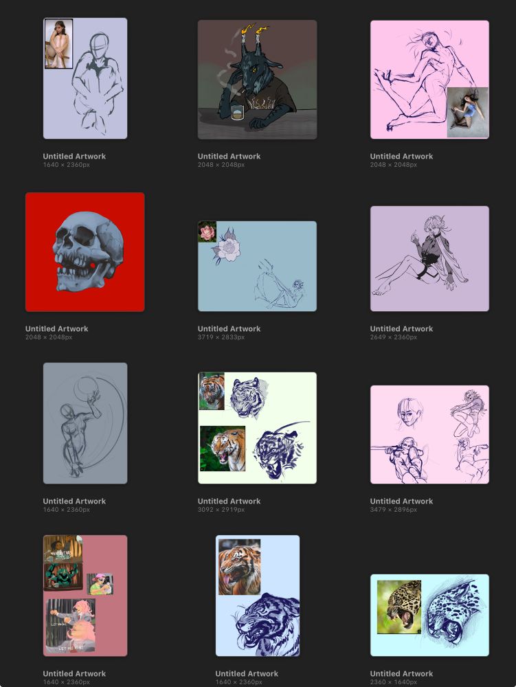 A screenshot of a procreate gallery page with 12 or so images of half finished drawings
