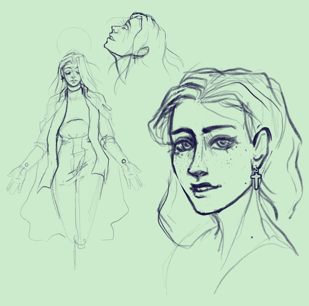 A few digital sketches of a long, light haired woman with freckles and a couple moles on her face. One sketch is at a 3/4 perspective. Another is most of the body in frontal view with her arms held out showing the stigmata wounds on her wrists. The third and smallest sketch is a profile view, her head tilted up in divine ecstasy. 