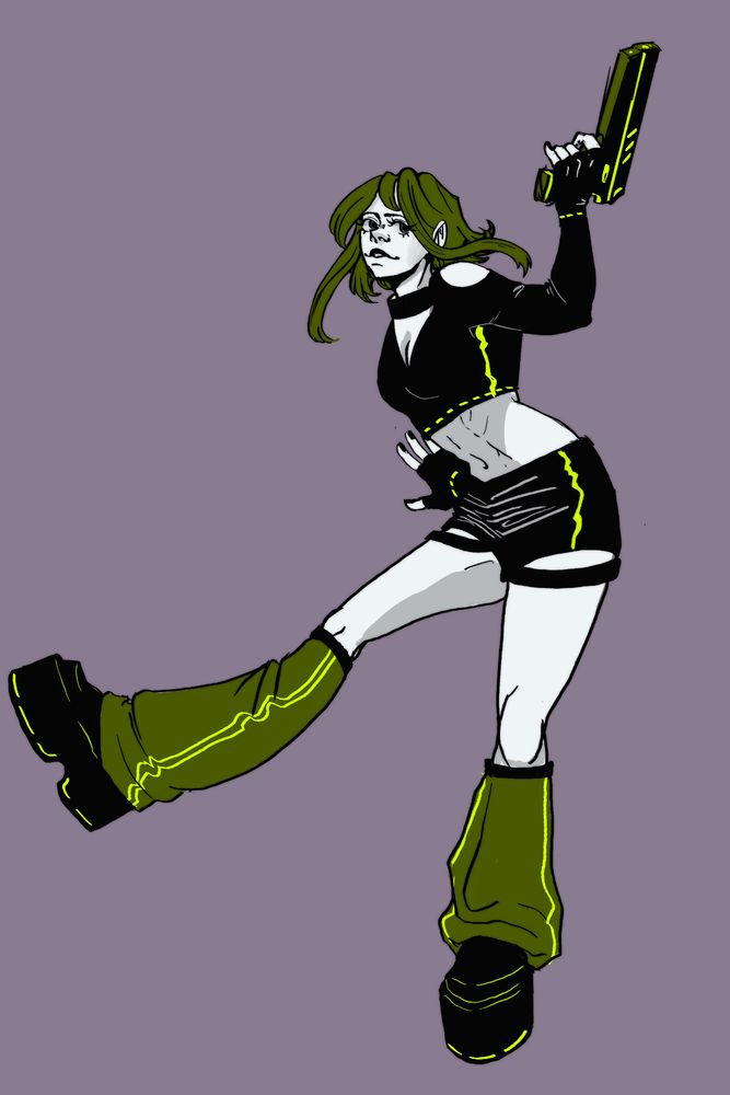 A digital drawing of a woman with short, dark green hair. She stands on one leg, leaning forward slightly with the other leg held out in front of her. One arm is extended behind her and the other is bent, holding up a large firearm with a similar color scheme. Her outfit consists of a black crop top and short shorts, deep green leg warmers and black platforms. All of these have streaks of neon yellow running down the sides. 