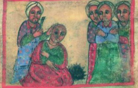 Colour illustration of Walatta Petros, kneeling while a man shaves her head.