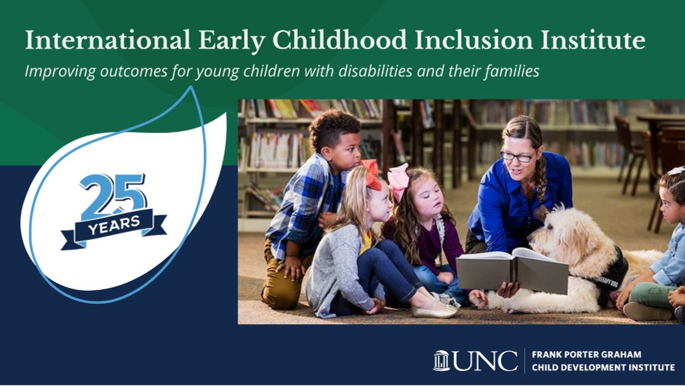 A group of children and a service dog sit on the floor of a library with an adult reading to them. Image contains text: "International Early Childhood Inclusion Institute. Improving outcomes for young children with disabilities and their families. 25 years."