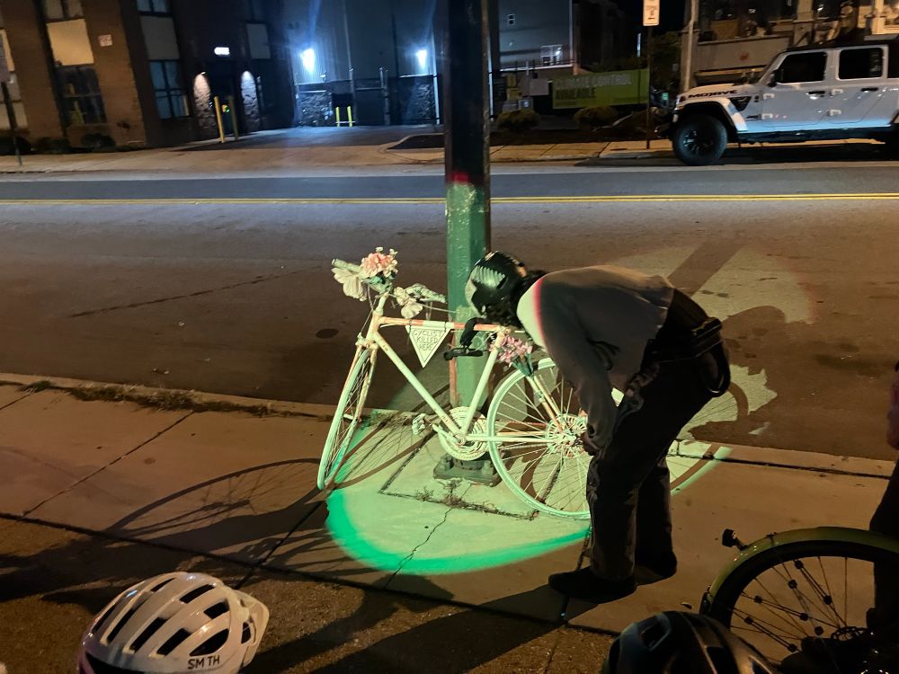 Joe adding paint to Michael Hughes’ ghost bike on falls road.

https://www.bikemore.net/news/remembering-michael-hughes
