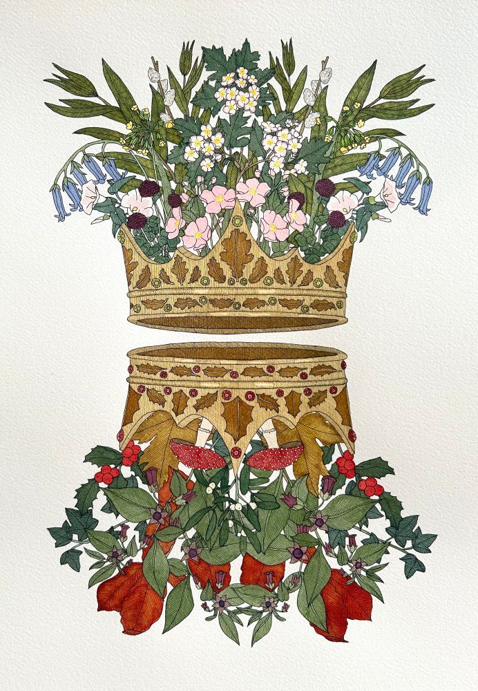 Two crowns mirroring each other, one with an oak leaf pattern the other with a holly leaf pattern. Coming from the oak crown is spring and summer plants and trees. Coming from the holly crown are autumn and winter plants and trees.