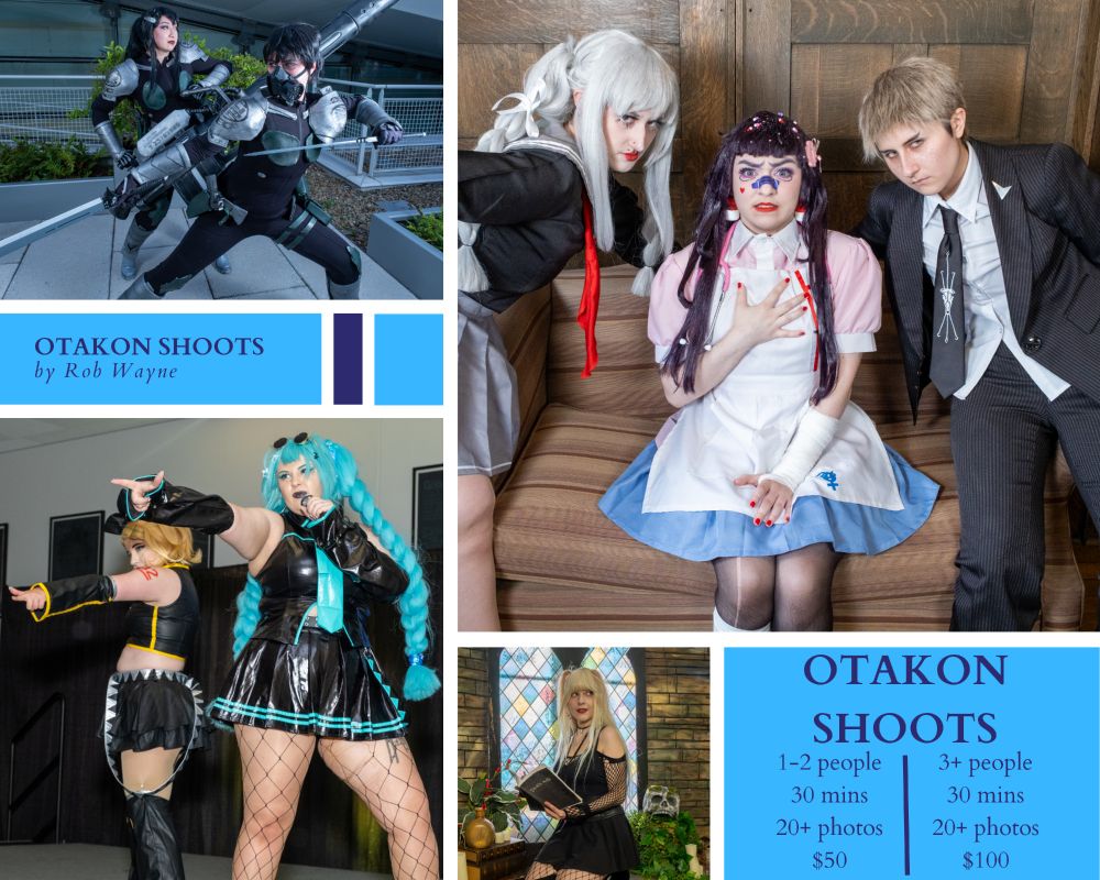 A series of high-quality photography shots feature various cosplayers in dramatic poses. "Otakon Shoots by Rob Wayne" sections feature pricing and specifics.