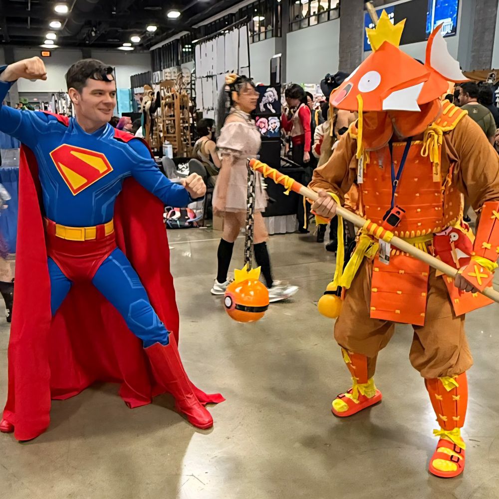 Superman posing with a Magikarp-themed Samurai