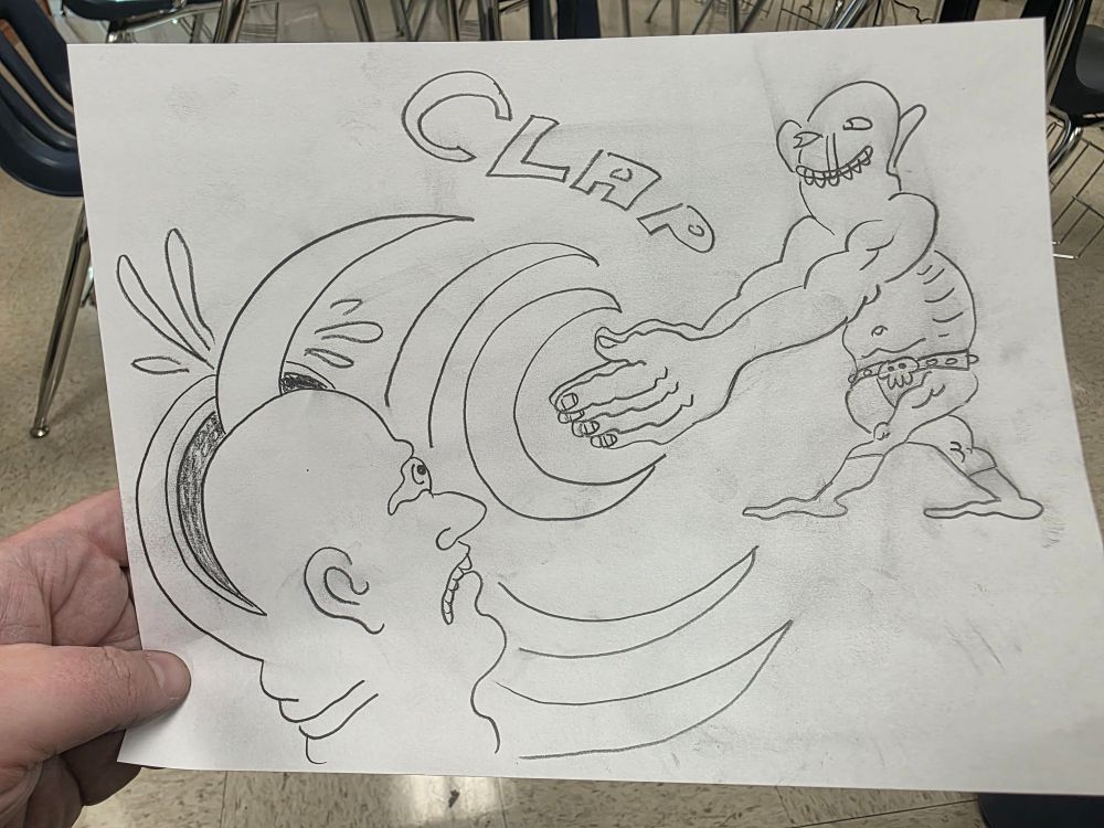 A mostly nude man claps, which radiates destructive waves. The waves are cleaving a sad man's head down the middle 