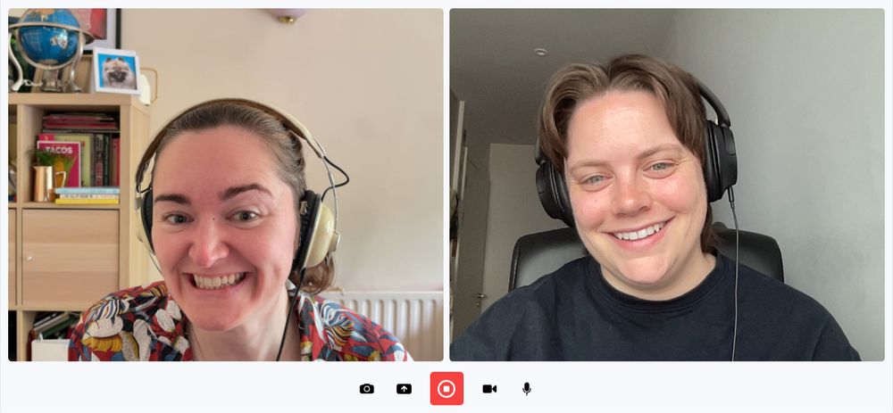 A screenshot from a remote podcast recording with Elaine Burke and Kelly Earley in separate frames, smiling and wearing headphones.