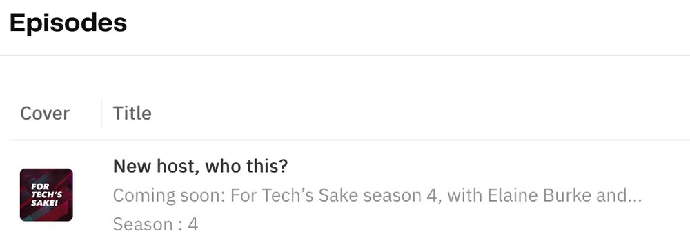 Screenshot from an Acast dashboard showing a For Tech's Sake episode titled, 'New host, who this?' with a preview of the description tantalisingly trailing off, 'Coming soon: For Tech's Sake season 4, with Elaine Burke and...'