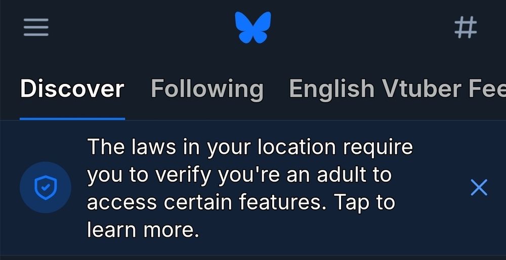 Vtuber Bonniebeevt lives in Australia. There is a new security banner that reads "the laws in your location require you to verify you're an adult to access certain features. Tap to learn more."