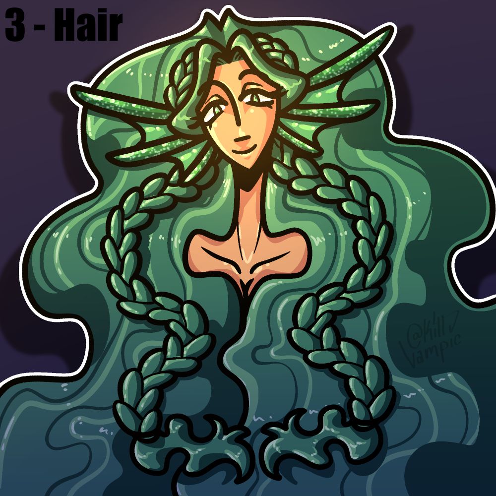 Image of a green haired mermaid. The mermaid has a soft, smiling expression and her hair covers most of her body.