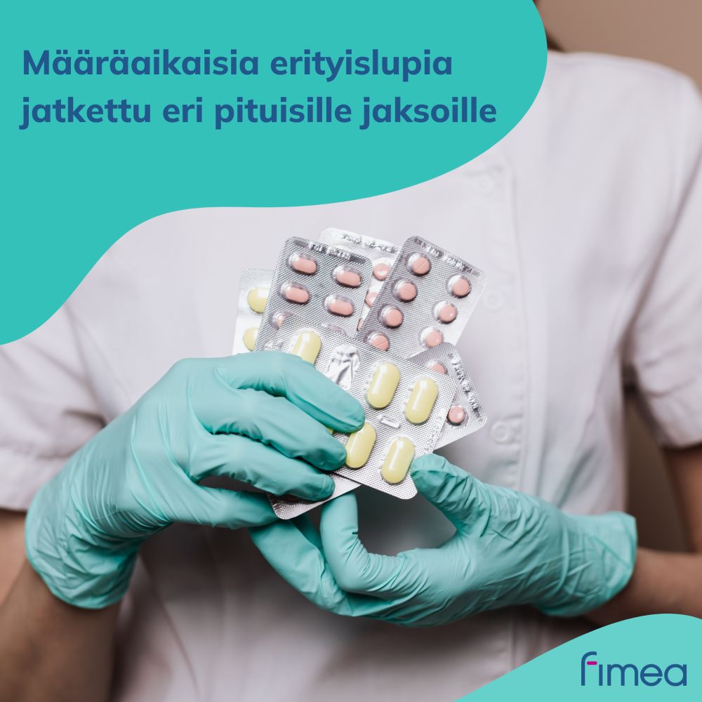 Kuvassa lääkepakkauksia kädessä. Teksti: Määräaikaisia erityislupia  jatkettu eri pituisille jaksoille.