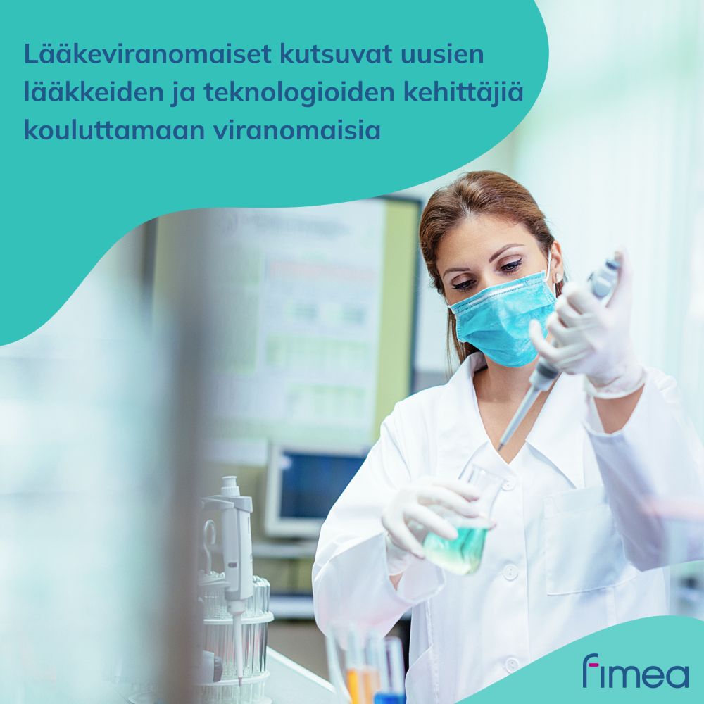 Nainen työskentelee laboratoriossa. Teksti: Lääkeviranomaiset kutsuvat uusien lääkkeiden ja teknologioiden kehittäjiä kouluttamaan viranomaisia.
