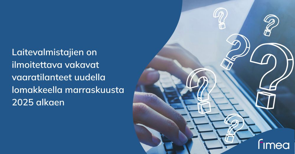 Sormet läppärin näppäimistöllä ja kysymysmerkkejä. Fimean logo.