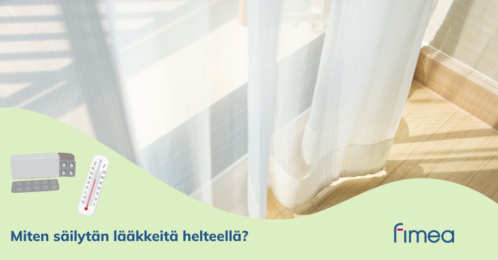Miten säilytän lääkkeitä helteellä? Fimean logo, kuumemittari ja lääkepakkaus.