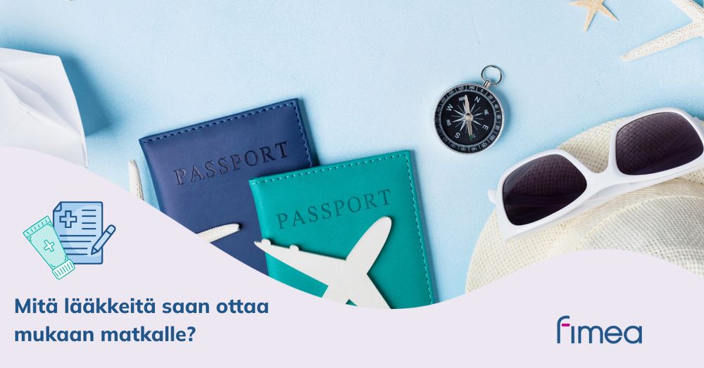 Mitä lääkkeitä saan ottaa mukaan matkalle? Passi, aurinkolasit, lentokone.