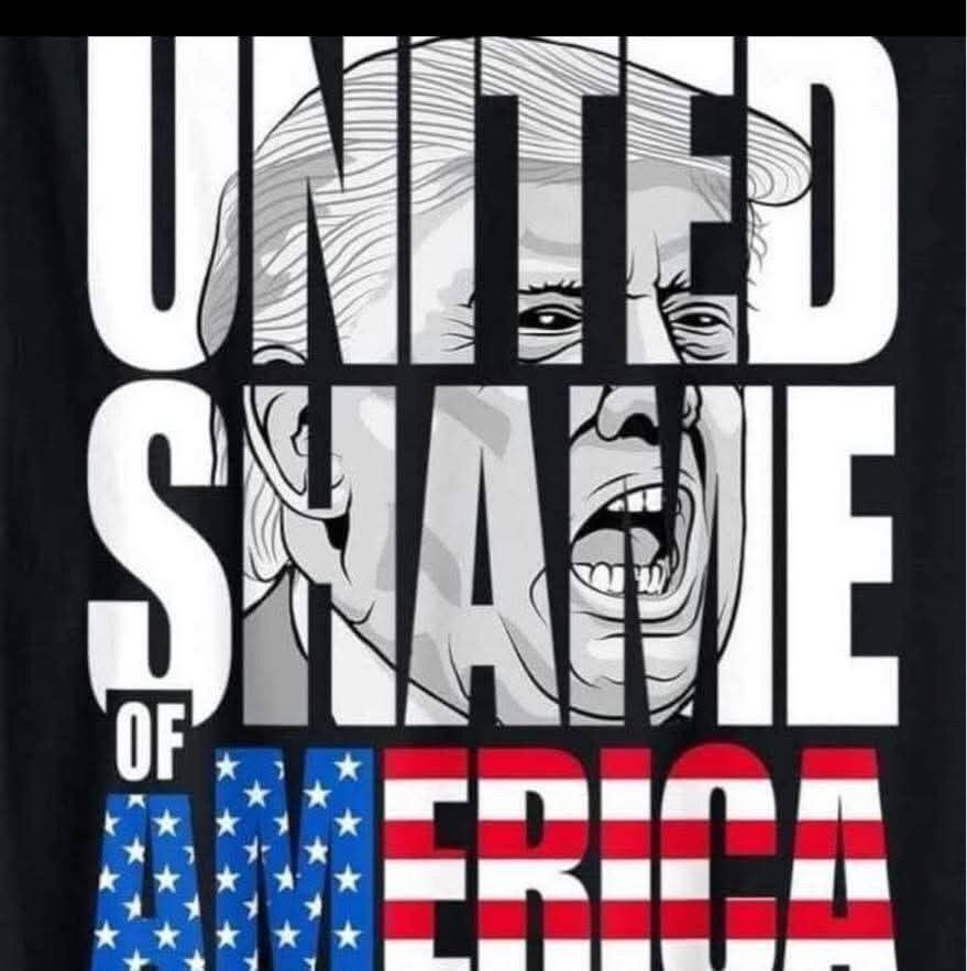Trump's sneering face with United Shame of America printed over it.