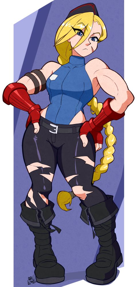 A full body image of Cammy from Street Fighter wearing a scrapped outfit from Street Fighter 6's concept art. She is wearing a blue high-cut leotard with a turtleneck and torn black pants with thigh-high combat boots. On her arms are her trademark red gauntlets with 2 dark brown straps on her right bicep. She is wearing a black and red beret on her head, and her long blonde hair is tied up into a long braid that reaches down to her knees.

She is standing with both hands on her hips with a serious expression on her face.