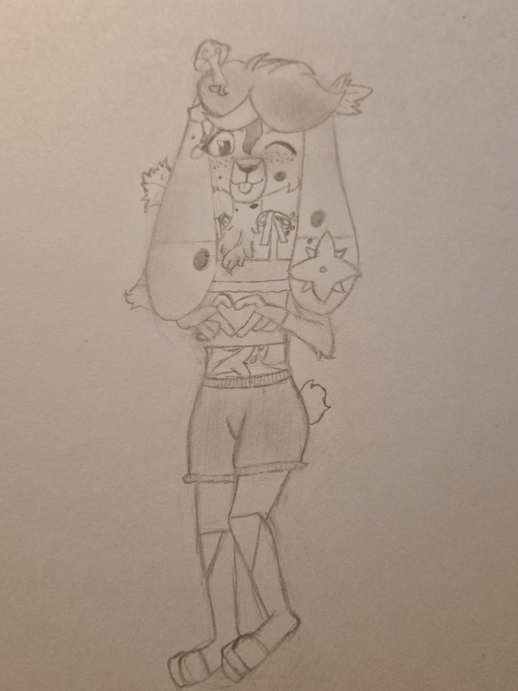 A full body view of Lucien, a anthropomorphic bunny. He is holding one of his legs a little upwords, his fluffy tail showing. He's wearing cute puffy shorts, and a cute crop top.