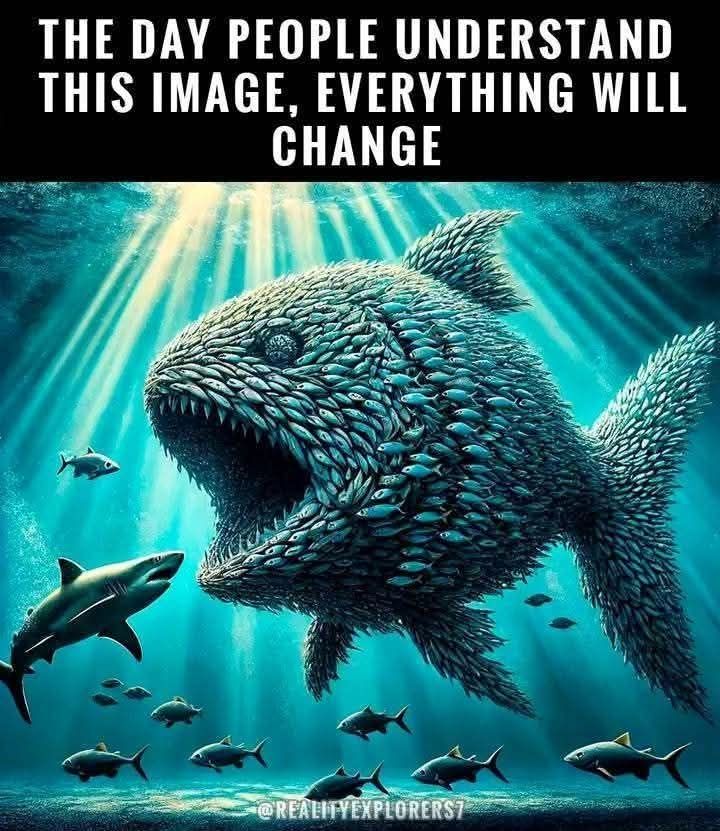 Large fish consisting entirely of small fish swallowing a shark.