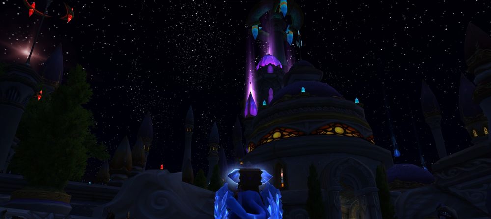 Dalaran, from World Of Warcraft. At night, lit by beacons of purple and a starry sky