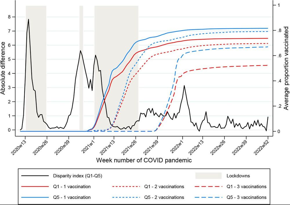 line graph showing a decline in the covid mortality gap between deprived and affluent areas once the vaccination was rolled out 