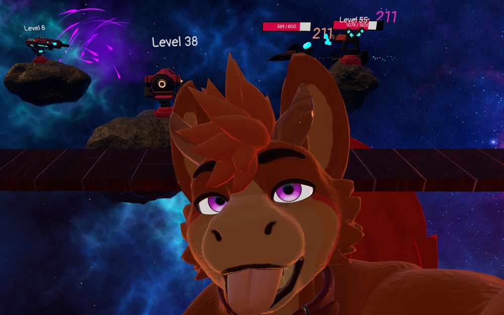 VR Furry posing in front of a tower defense game