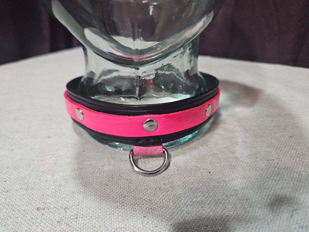A leather collar with a pink smaller band and a black larger band with silver rivets and a suspended D-ring.
