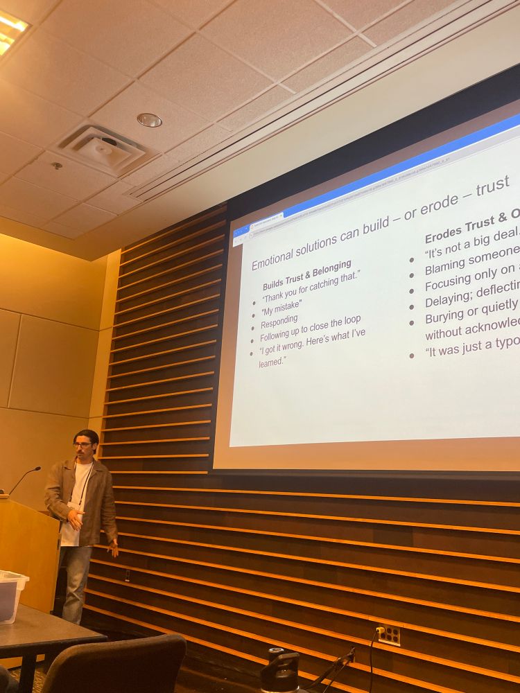 Presenter Matt Kiser next to a slide listing responses to corrections that build trust and belonging (e.g. "my mistake") and responses that erode them (e.g. "it's not a big deal")