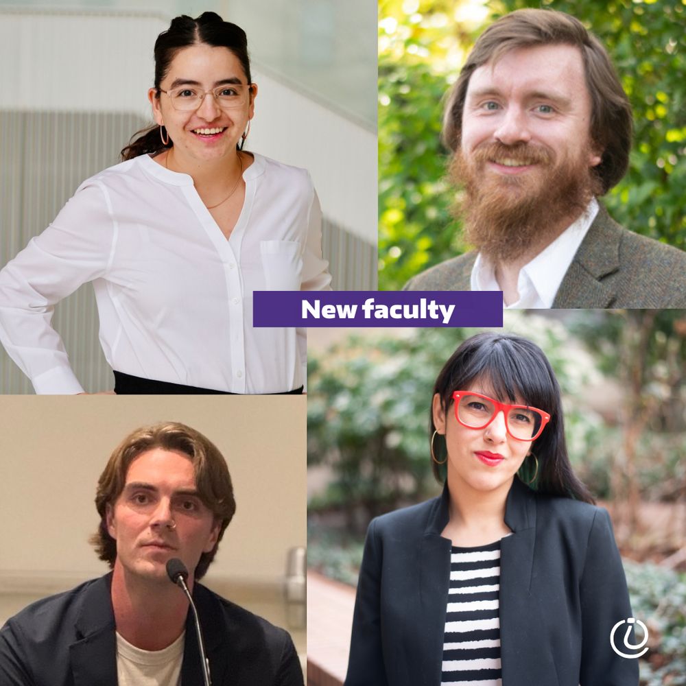 Collage of images with an image of Belén Saldías in the top left, Jason Young in the top right, Pelle Tracey in the bottom left and Itza Carbajal in the bottom right. There is a purple rectangle in the center with the text "New faculty."