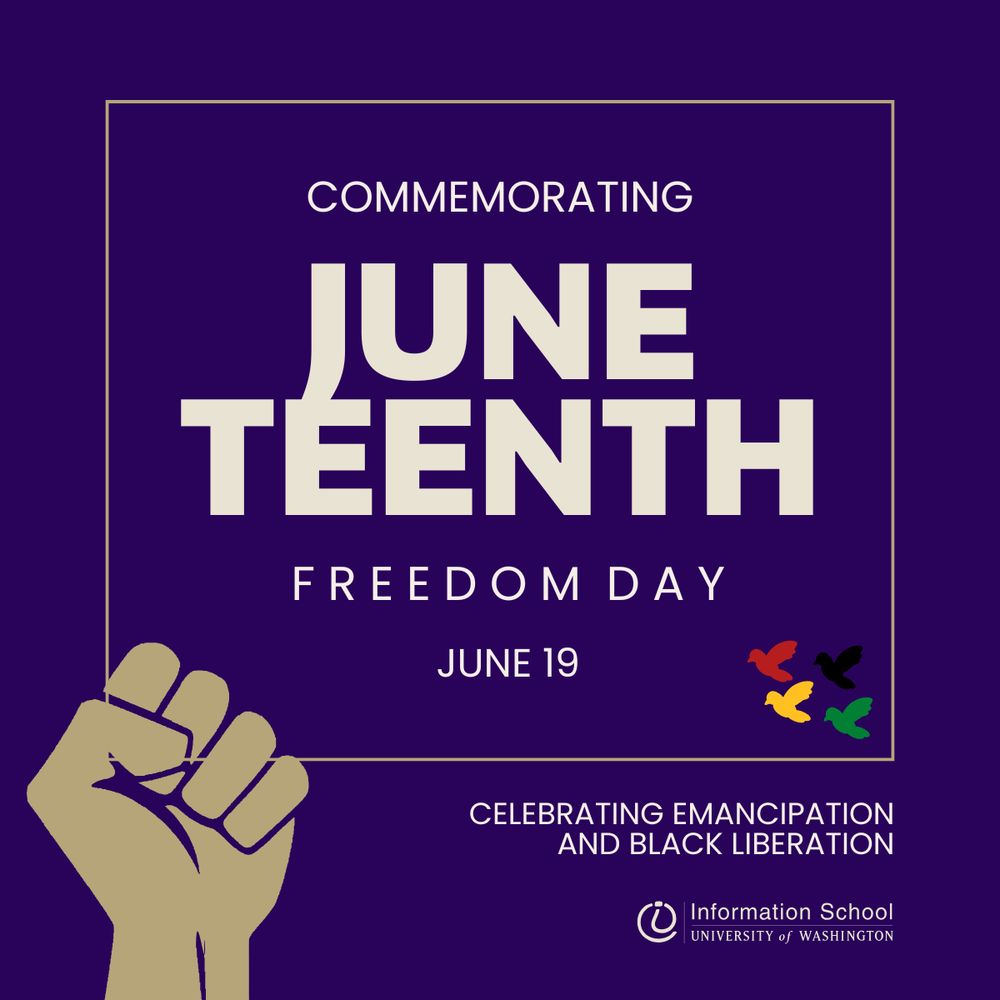 purple graphic that says “Commemorating Juneteenth Freedom Day, June 19. CELEBRATING EMANCIPATION AND BLACK LIBERATION”
