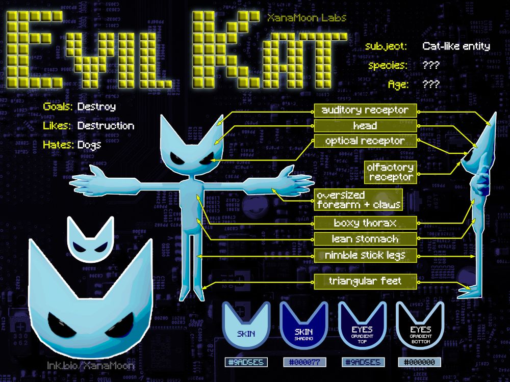 Character reference sheet for "Evil Kat" a 3D low poly humanoid blue cat-like creature that looks up to no good. The sheet lists "subject: Cat-like entity, Species: ???, Age: ???, Goals: Destroy, Likes: Destruction, Hates:Dogs" it features the Evil Kat T-posing from the side and front views with yellow arrows pointing and describing parts of its body. in the bottom left corner there is a close up of its face: featureless aside from 2 black evil eyes in an evil frown. In the bottom right, cat shaped color blocks to color pick easily from the sheet and with the hexcodes for the 4 colors.
