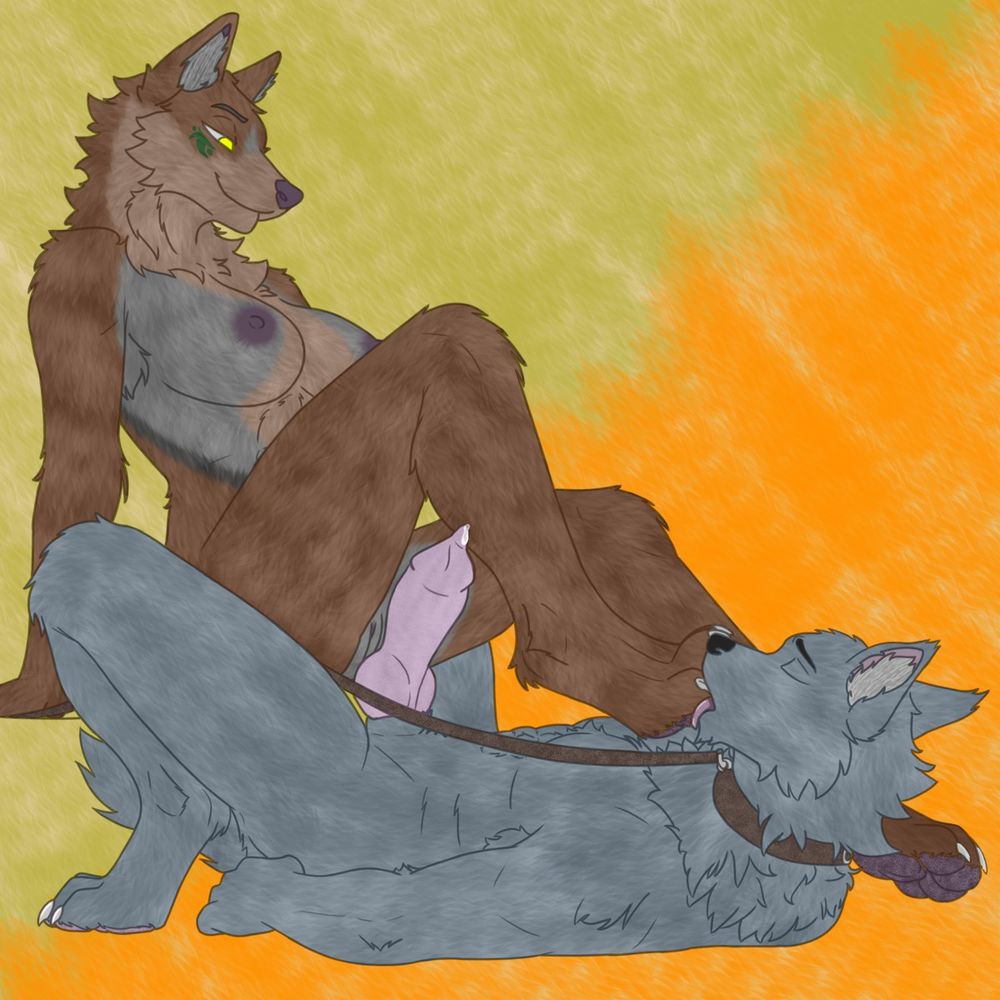 Cammie, an anthro Relanian Timber Greatwolf, sitting on a ledge with her legs spread slightly. One is adjusted so that her paw rests against her partner's muzzle.

Ryder, an anthro Relanian Grey Greatwolf, is licking her paw with his eyes closed. 

Both characters are fully nude, except for a collar and leash that Ryder is wearing. He is fully erect, with pre-cum gathering on the tip of his cock. Cammie's breasts and pussy are visible, and she is watching Ryder lick her paw with a calm smile.