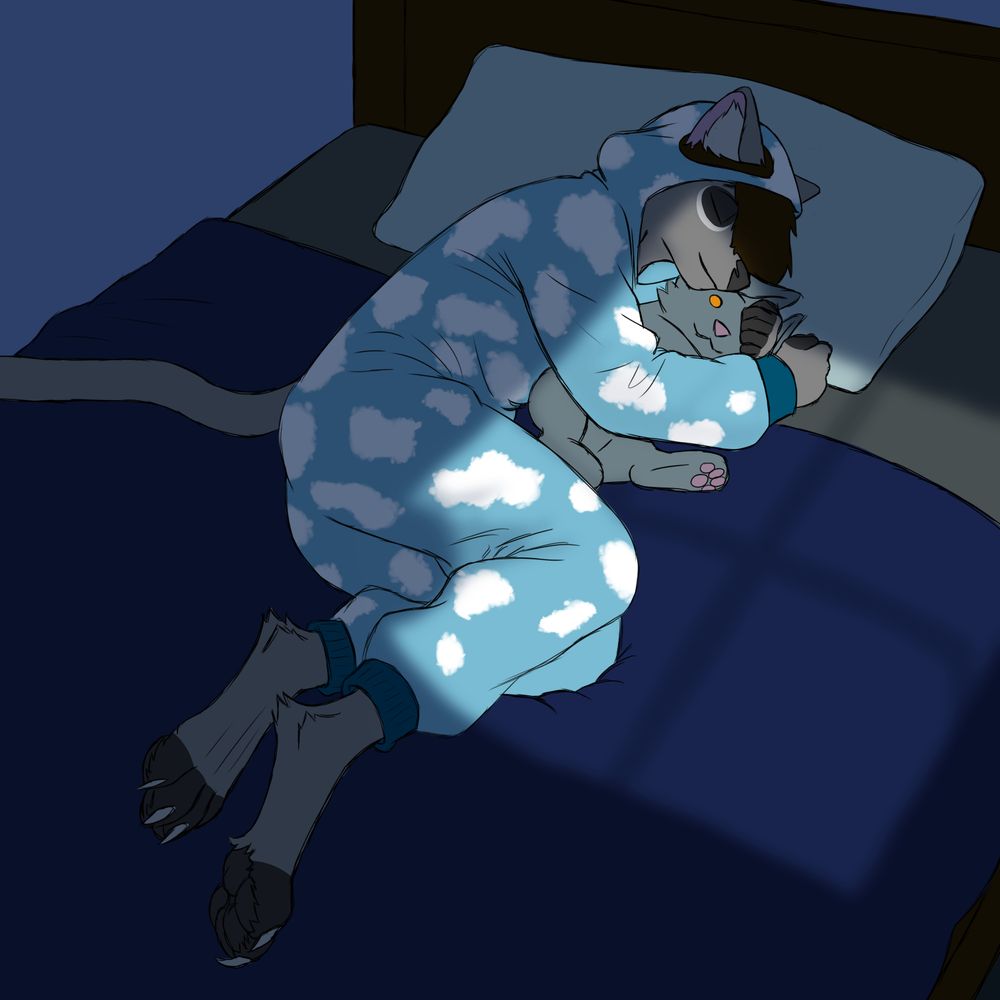 David Seltz, an anthro caxy, wearing a sky blue pajama onesie with clouds printed all over it. He is sleeping, snuggling a stuffed animal that resembles his favorite person, Ryder Trayson.

He is in bed, laying on top of a dark blue blanket over a grey mattress, his head on a pale blue pillow in a room with light blue walls, dark blue carpet, and brown wood bedframe.

Light is pouring in from a window, illuminating part of the bed and part of David and his stuffie.