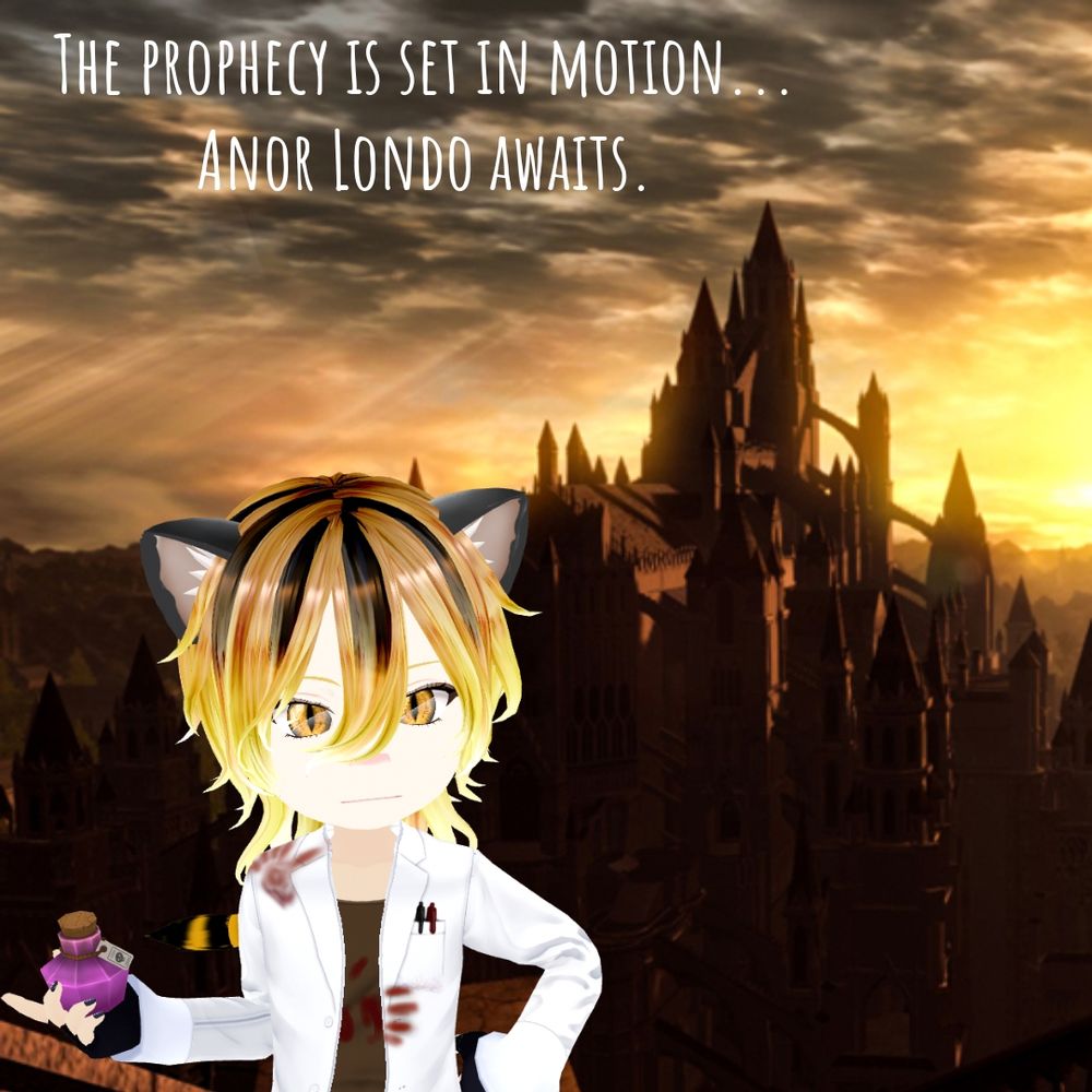 Chibi Hobbesy standing in front of a backdrop of Anor Londo.