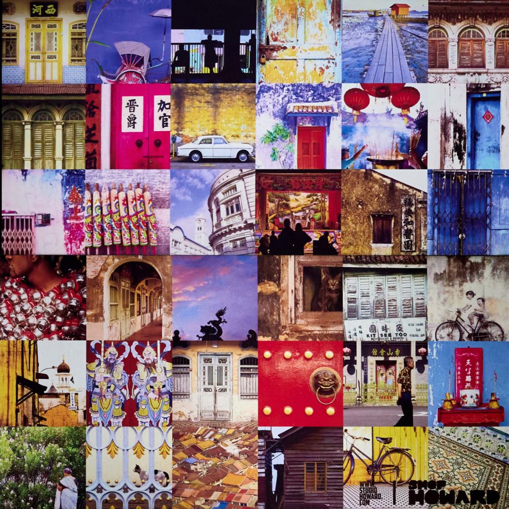 A vibrant collage of small photographs arranged in a wide rectangle or square format, showing colorful architectural details, street scenes, and cultural elements of Penang, Malaysia. The images include bright doorways, intricate windows, local people, bicycles, and urban textures. The collage is set against a black background in some versions, emphasizing the rich colors and diversity of the scenes.