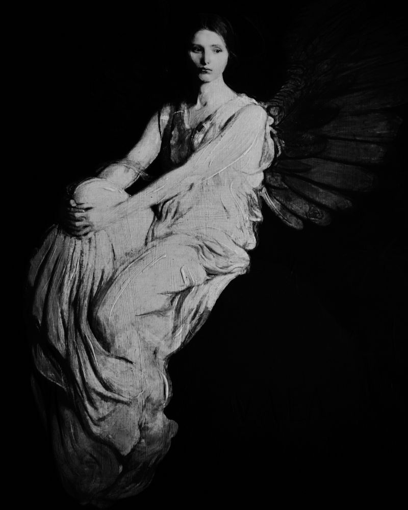 A black-and-white image showing a seated winged angel painted in a classical style. The angel wears flowing garments and gazes pensively into the distance. The background is completely dark, creating stark contrast with the illuminated figure. One can faintly make out the word "Vaea" near the base, referencing Mount Vaea in Samoa.