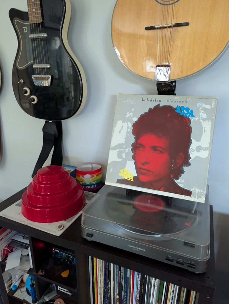Bob Dylan's compilation album, Biograph, on the turntable