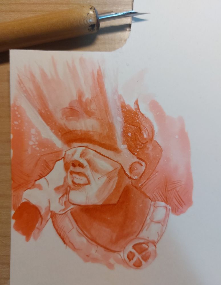 Retrato de Cíclope disparando por los ojos. Sólo se ve el busto, mirando a su derecha, y la mano derecha hacia las gafas para disparar. Está hecho todo en tinta roja (al mismo estilo que el tuit al que está citando). Tiene algunos detalles en blanco alrededor del rayo que dispara. Está cabreadete jeje