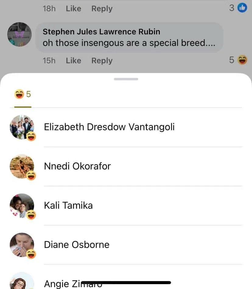 Comment thread that contains a slur related to mixed Indigenous individuals, with the list of who reacted to it with a laugh emoji, the list contains the profile of the author Nnedi Okorafor. 