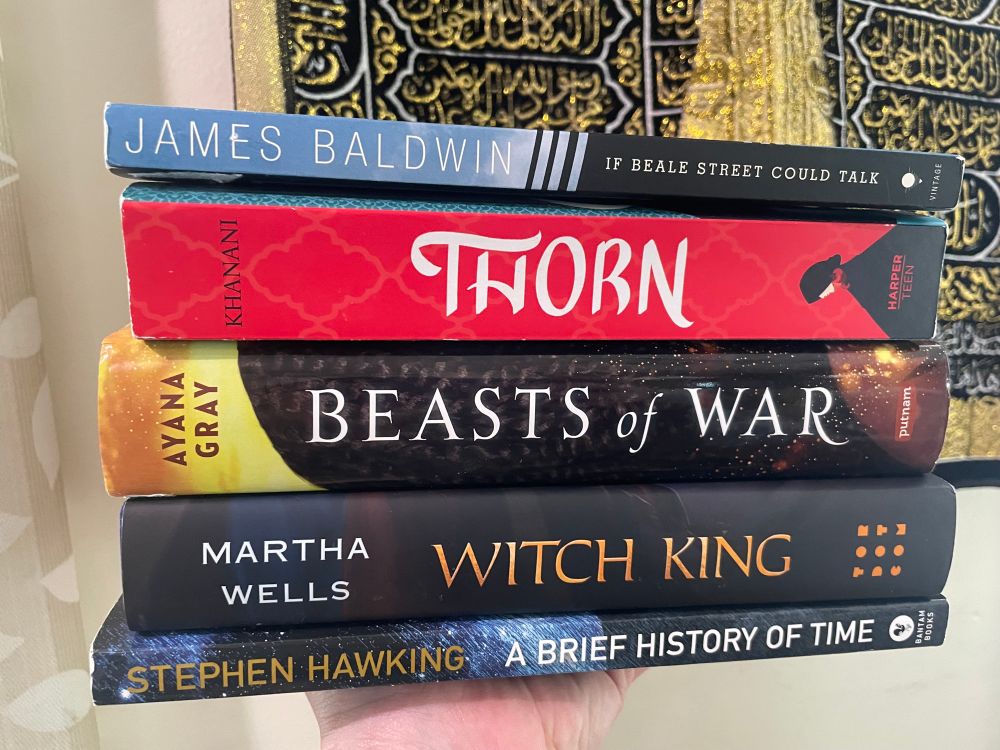Stack of books with spines facing. From the top down the titles are If Beale street could talk, by James Baldwin, Thorn by Intisar Khanani, Beasts of War by Ayana Gray, Witch King, by Martha Wells, and A Brief history of time, by Stephen Hawking. 