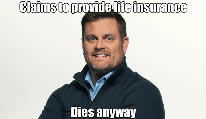 A portrait of assassinated UnitedHealthcare CEO Brian Thompson with a caption that says, “Claims to provide life insurance, dies anyway” 