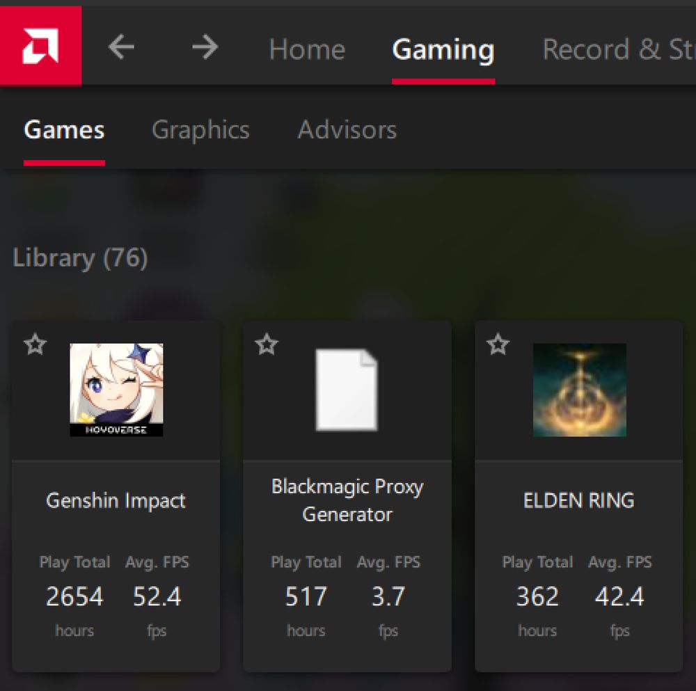 gaming stats from AMD Adrenalin:

1. Genshin Impact - 2654 hours
2. Blackmagic Proxy Generator - 517 hours
3. Elden Ring - 362 hours