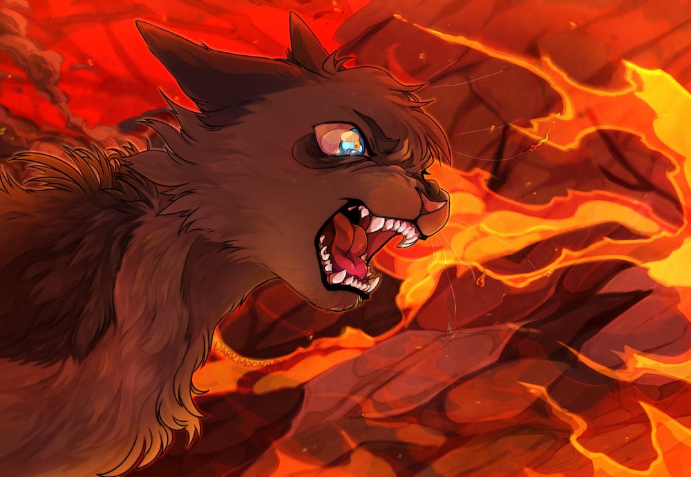 [Warrior cats fanart, 2022] Ashfur is screaming while his eyes turn into amogus. Fire scene. Character's design belongs to Lykzoi