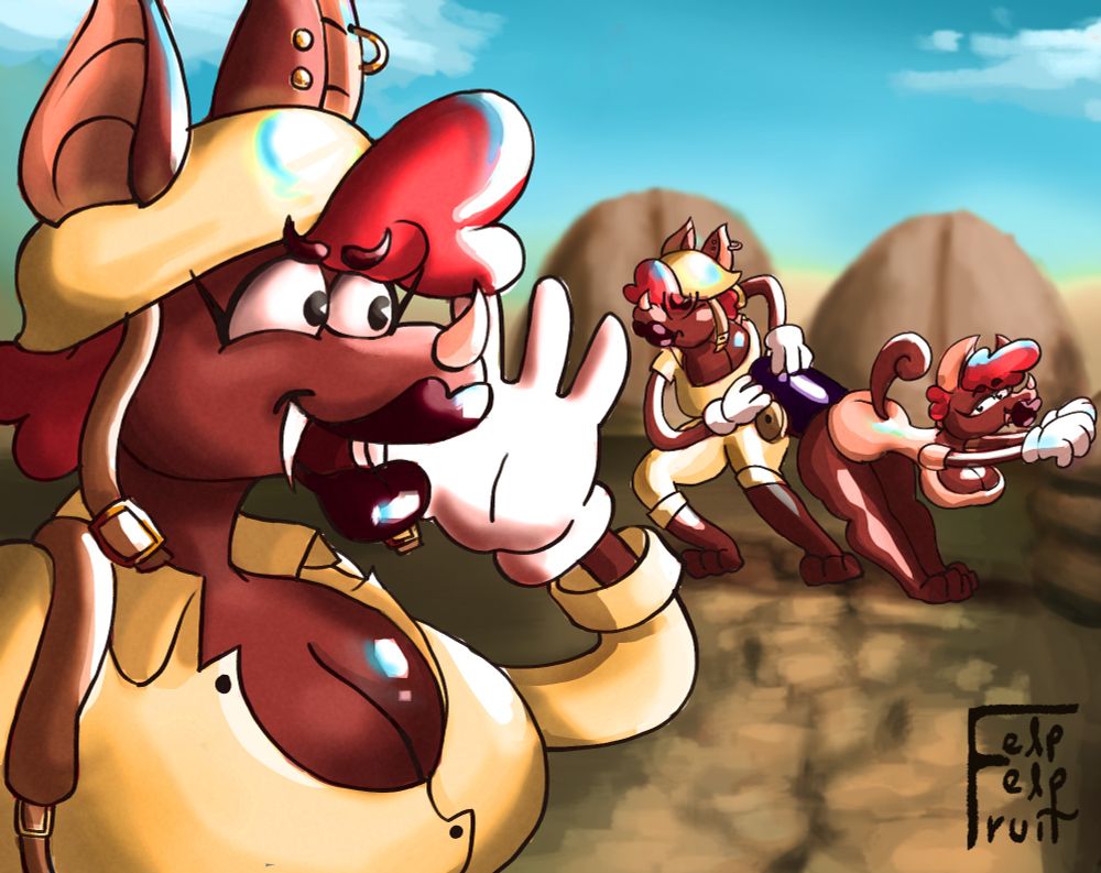 Toon character Fizzi the bat calling for more cannons while a second Fizzi tries to pull a cannon out of a third Fizzi's hammerspace butt. 