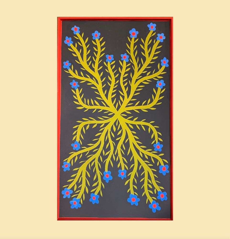 A painting of a tentacle like plant with chartreuse green stems and leaves and blue flowers with red centres. It’s on a rectangular canvas with a brown background and red border.
