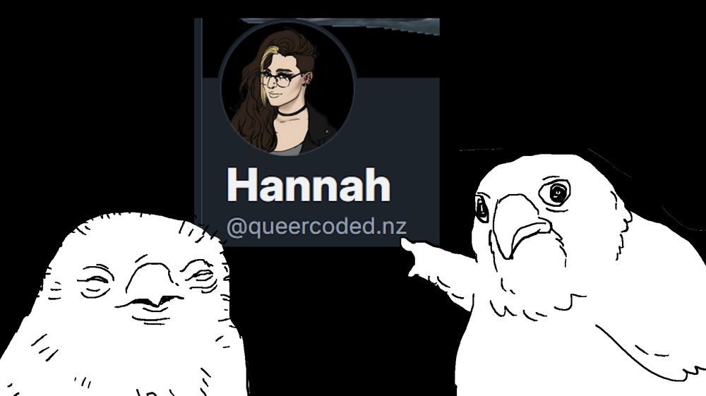 A drawn image of two birds mimicking the soyjack pointing meme, pointing at a screenshot of my new bluesky handle
