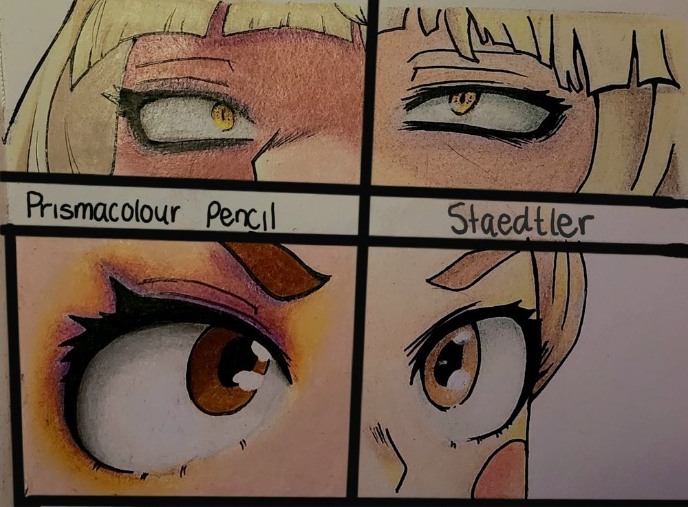 A side by side drawing comparison of Toga and Ochako's eyes. The left side of the drawing is using prismacolors pencils, which has a vibrant colour effect. The right side of the drawing is using Staedtler, which has a softer colour effect.