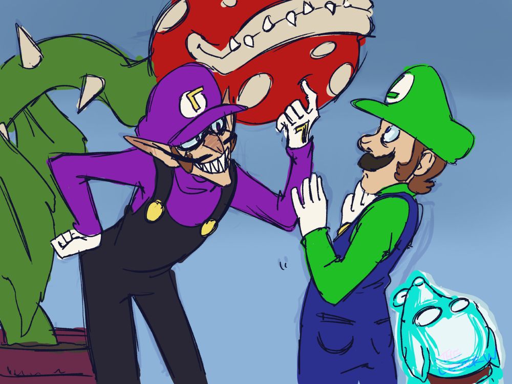 Luigi backs away from a rather large Piranha Plant with worry. The plant is getting its chin scritched by Waluigi who is leaning forwards to do so, a sharp toothed malicious grin on his face. Polterpup seems unbothered. 