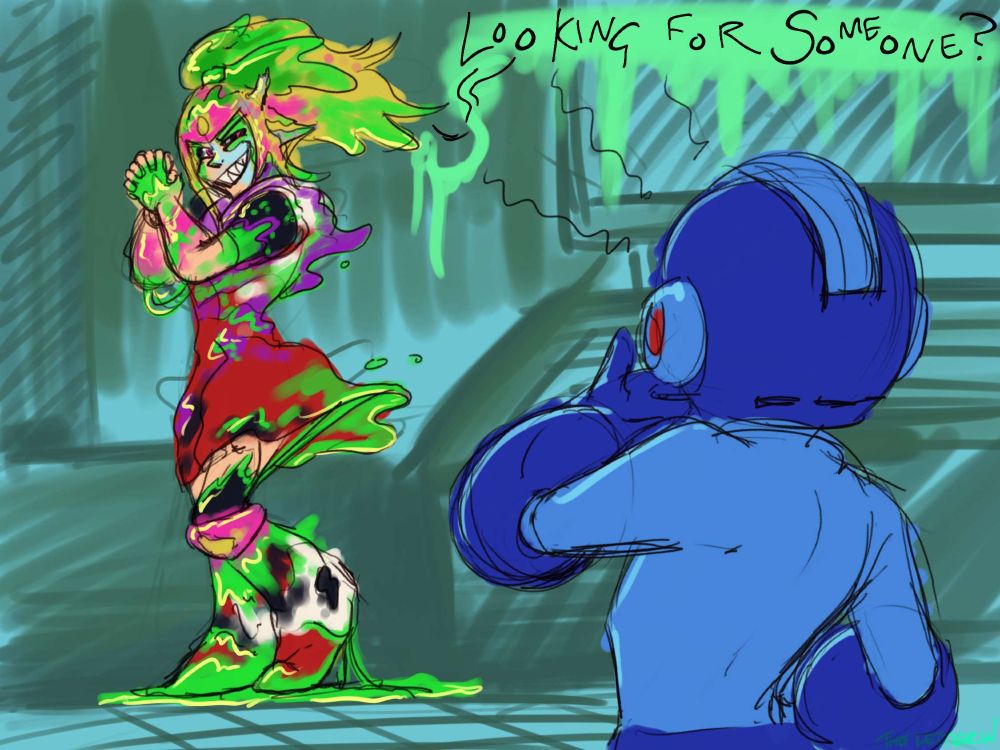 Stardroid Mercury shapeshifting from a Roll disguise in front of a shocked Mega Man. "Looking for someone?" Mercury asks. 