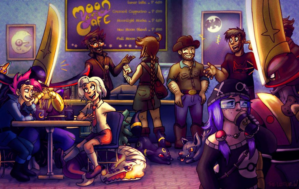 A bustling moon themed cafe featuring many trainers and Pokemon. 